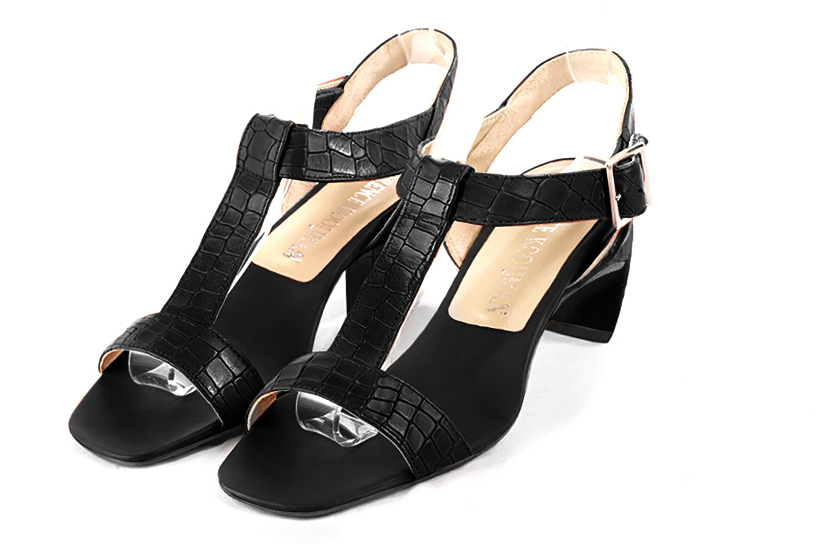 Satin black women's fully open sandals, with an instep strap. Square toe. Medium comma heels. Front view - Florence KOOIJMAN